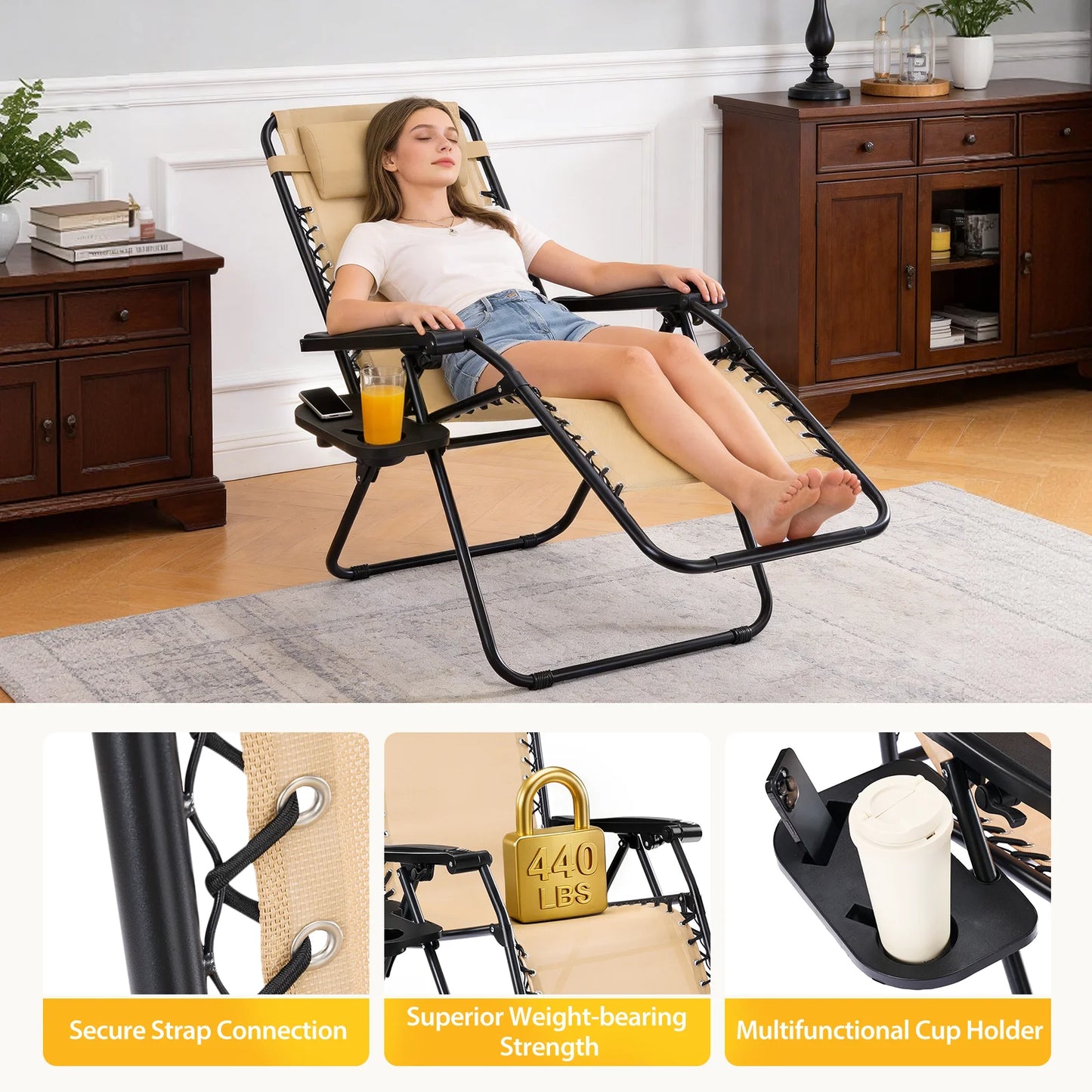 JHK Zero Gravity Outdoor Folding Recliner Chairs With Cup Holder