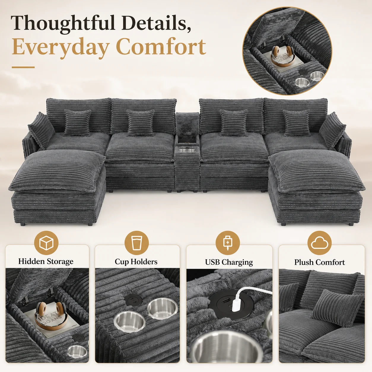 Seven Piece Modular Sofa With Console Coffee Table And Pillows