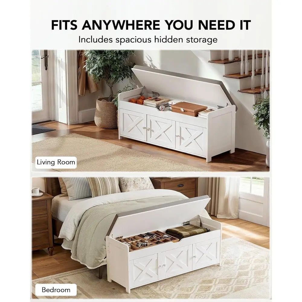 Farmhouse Wood Shoe Storage Bench With Cushioned Lift Top Seat