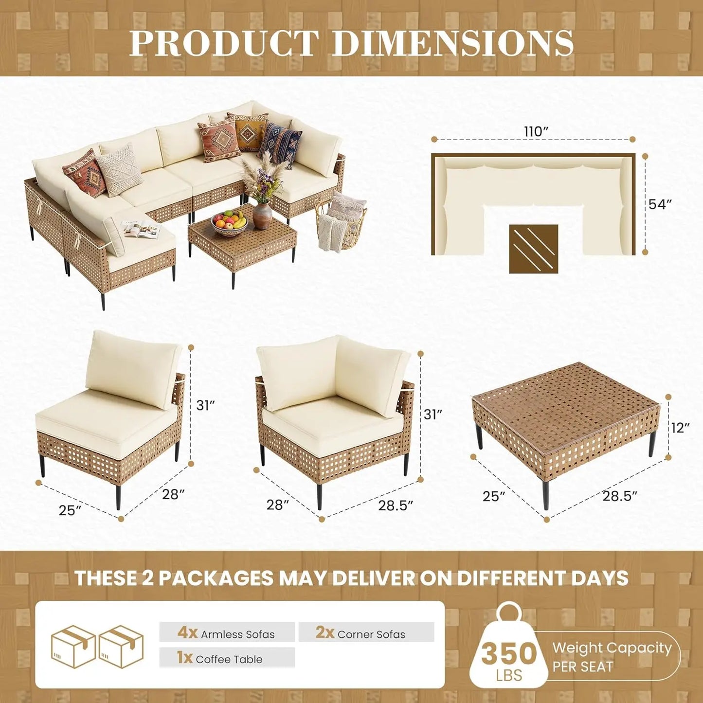 Modern Outdoor Patio Sectional Sofa With Glass Coffee Table