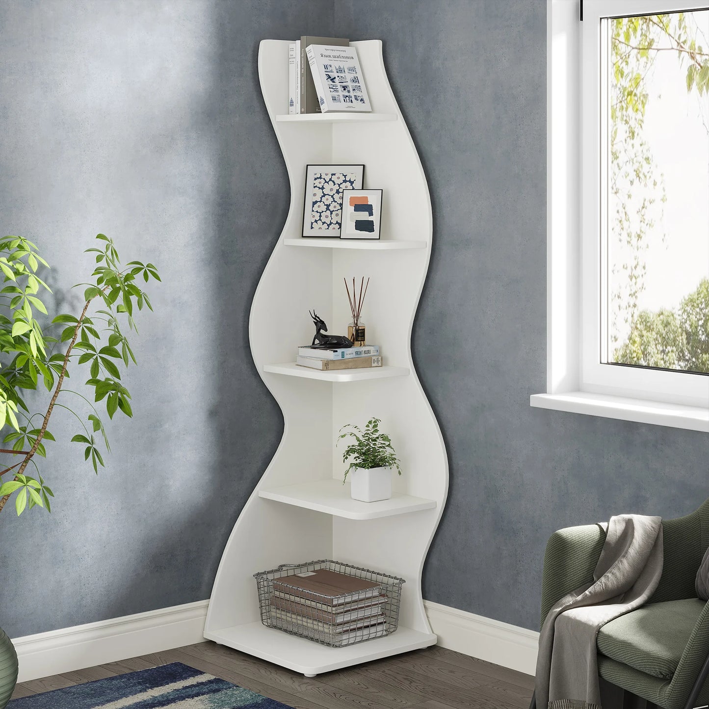 Tribesigns Modern 5 Tier Wooden Corner Bookshelf Plant Stand
