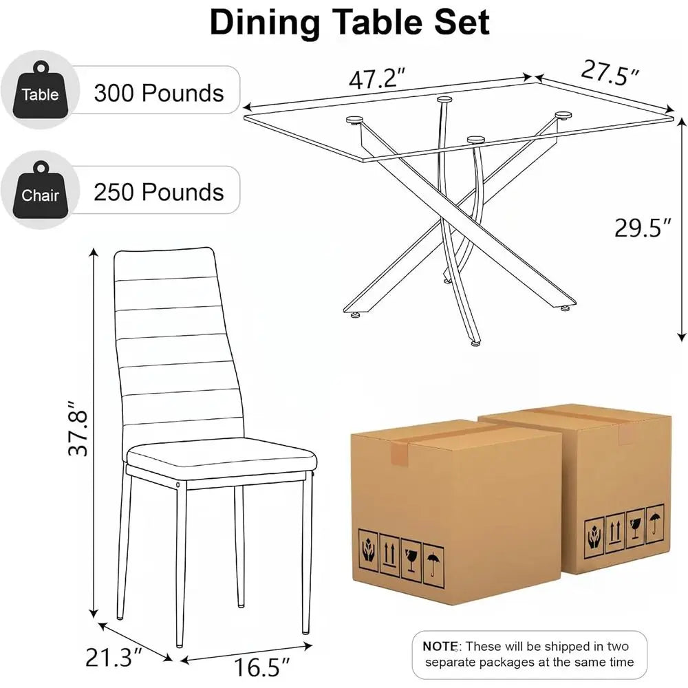 Modern Glass Dining Table Set With Four Upholstered Chairs