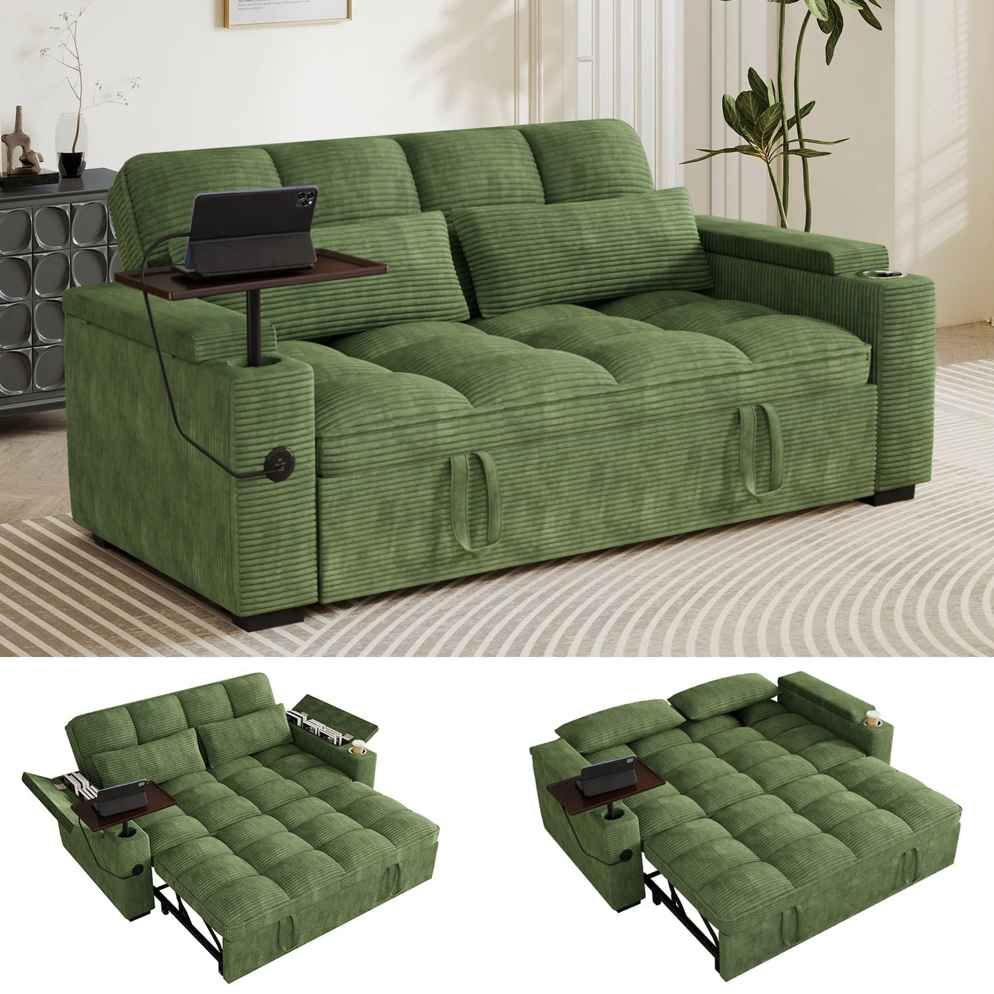 Contemporary Convertible Sofa Bed With Swivel Side Table And Usb