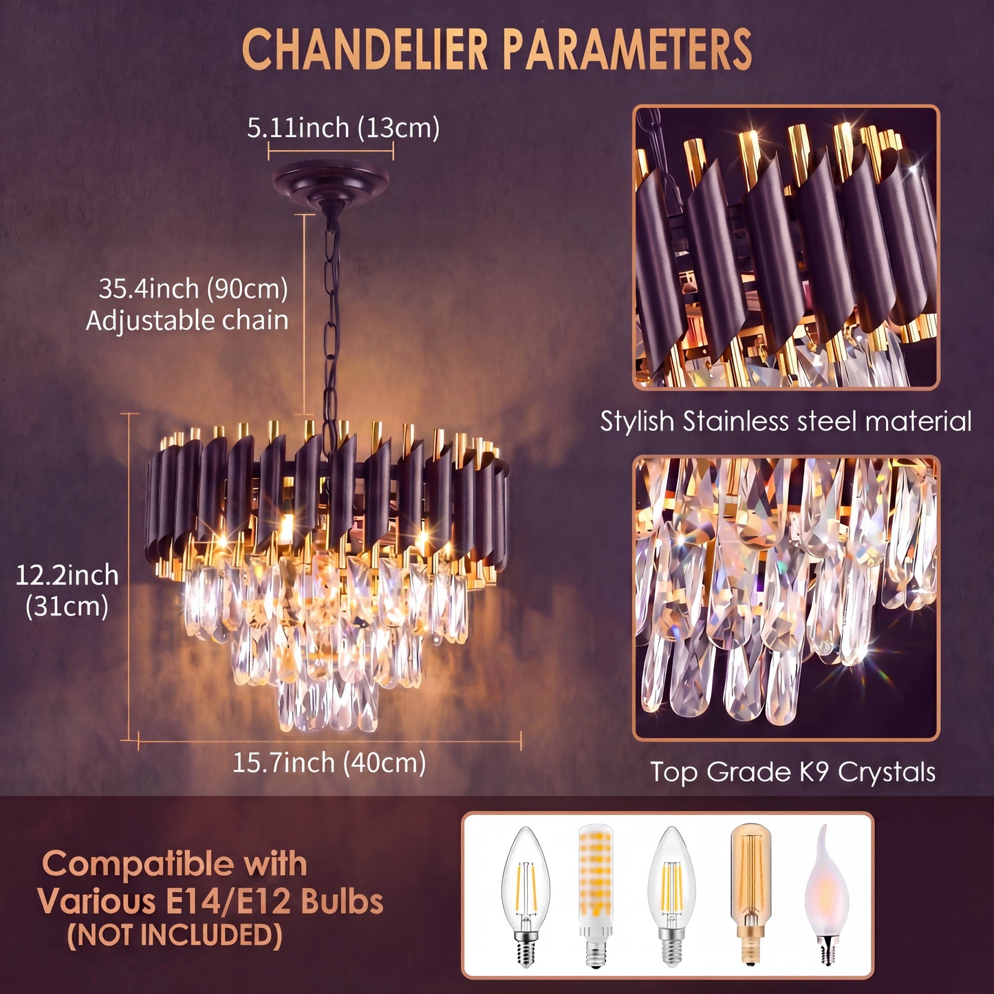 Modern Crystal Chandelier With Adjustable Chain E14 Ceiling Light