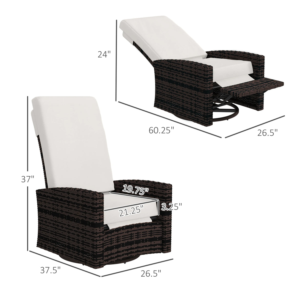 Outsunny Outdoor Rattan Swivel Patio Recliner With Cushion