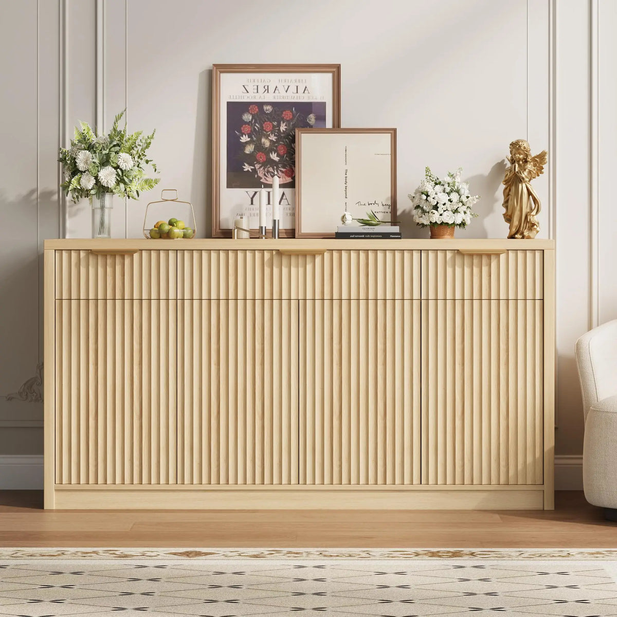 HiMISS Fluted Sideboard Cabinet With Drawers And Adjustable Shelves