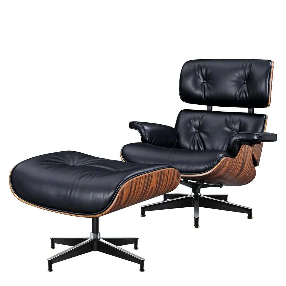 Genuine Leather Swivel Lounge Armchair With Ottoman