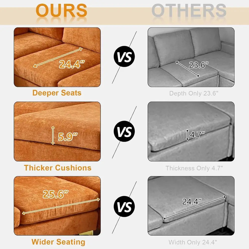 Four Seat Chenille Upholstered Sectional Sofa With Double Chaise