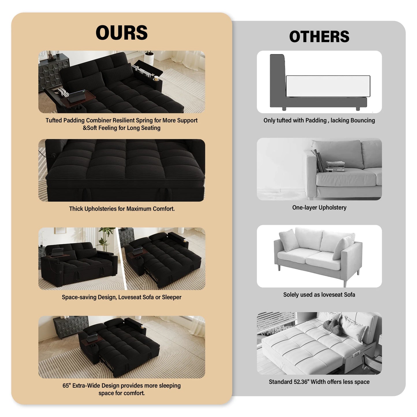 Contemporary Convertible Sofa Bed With Swivel Side Table And Usb
