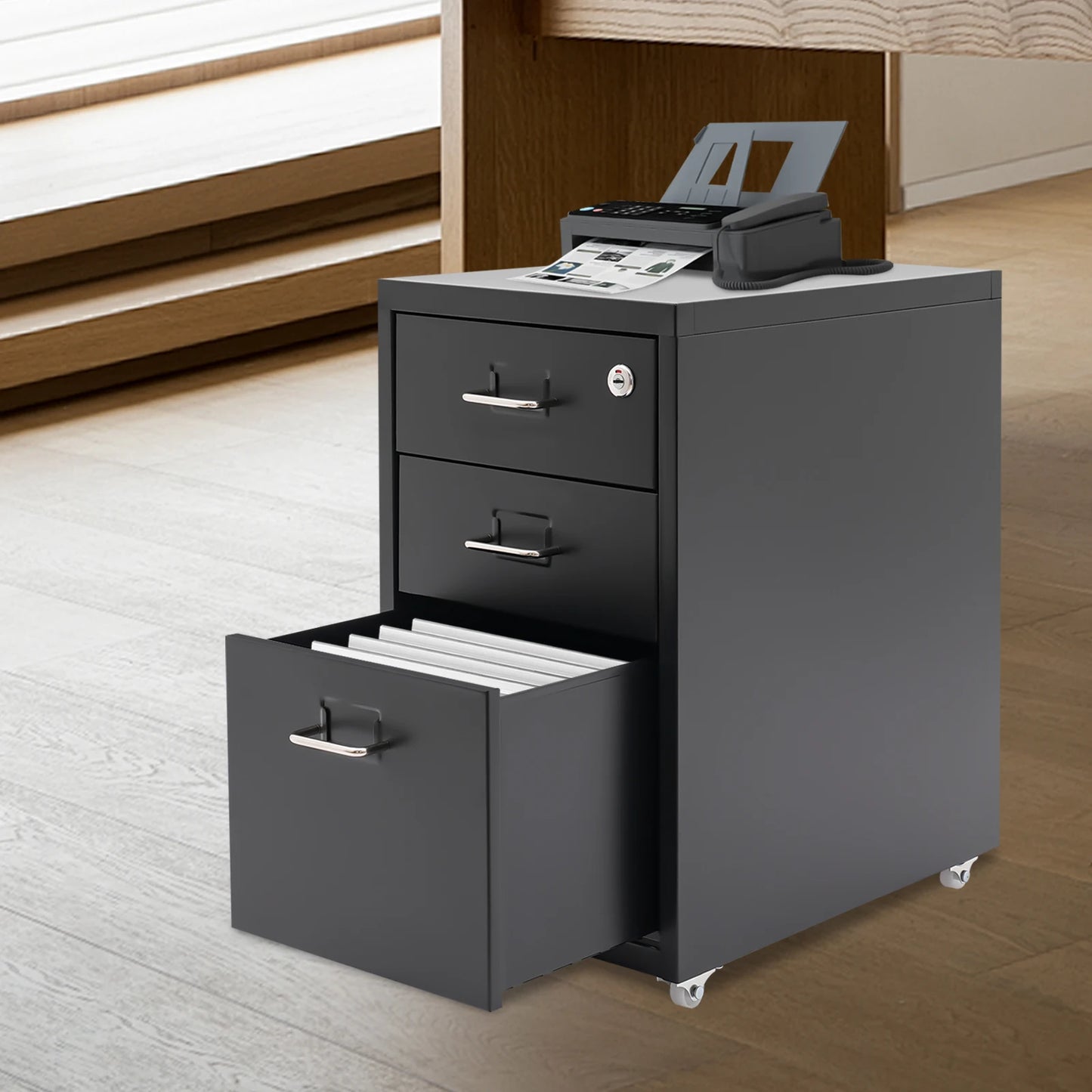 3-Tier Rectangular Metal Vertical Filing Cabinet With Mobile Lock