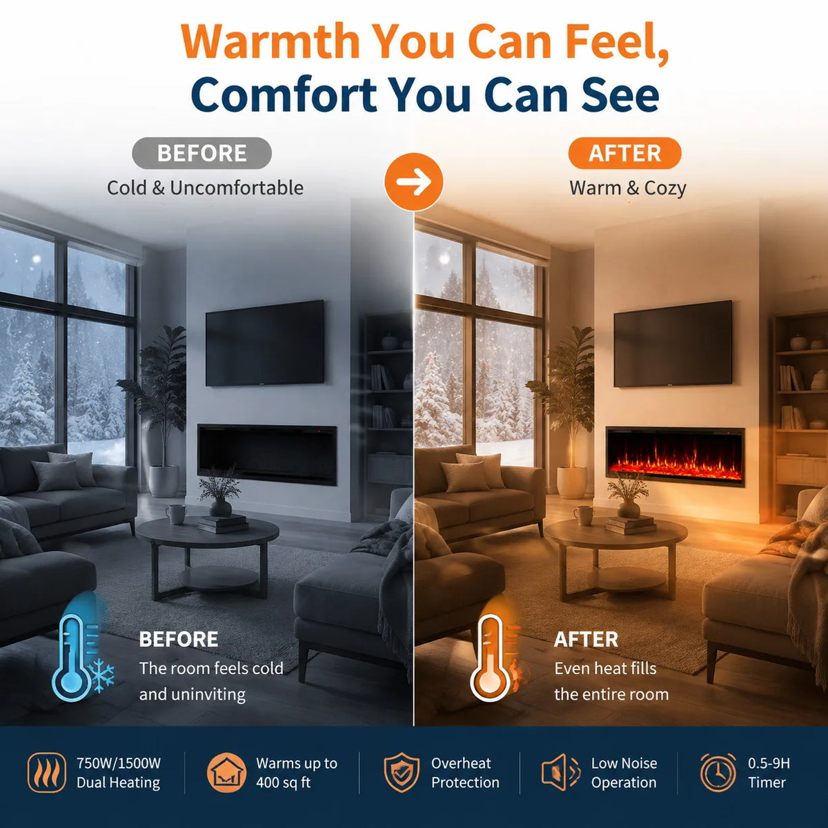 Anixol Electric Fireplace Linear Recessed Wall Mounted Heater