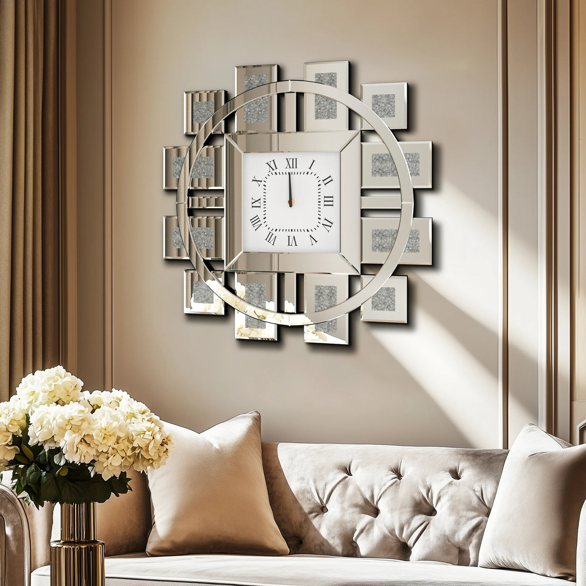 Round Wall Clock With Crushed Diamond Decor Beveled Mirror Frame
