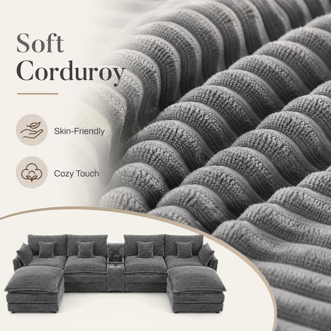 Seven Piece Modular Sofa With Console Coffee Table And Pillows