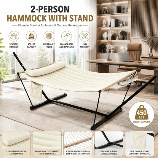 Premium Double Hammock With Sturdy Stand And Comfortable Pillow