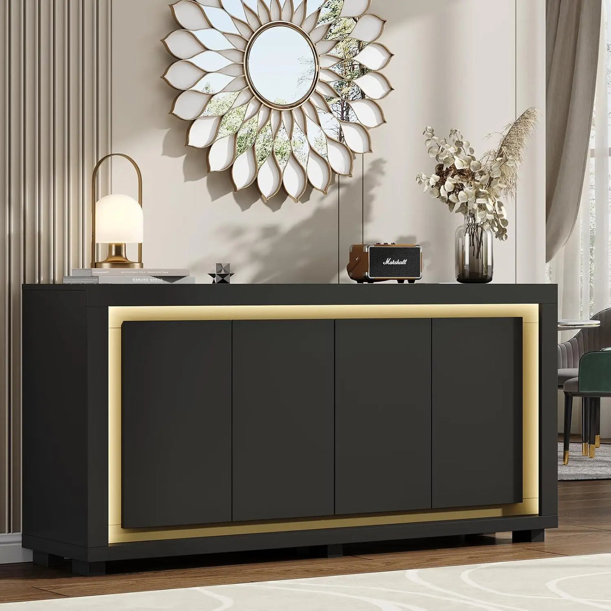ONBRILL Modern Storage Cabinet With Power Outlets And LED Light