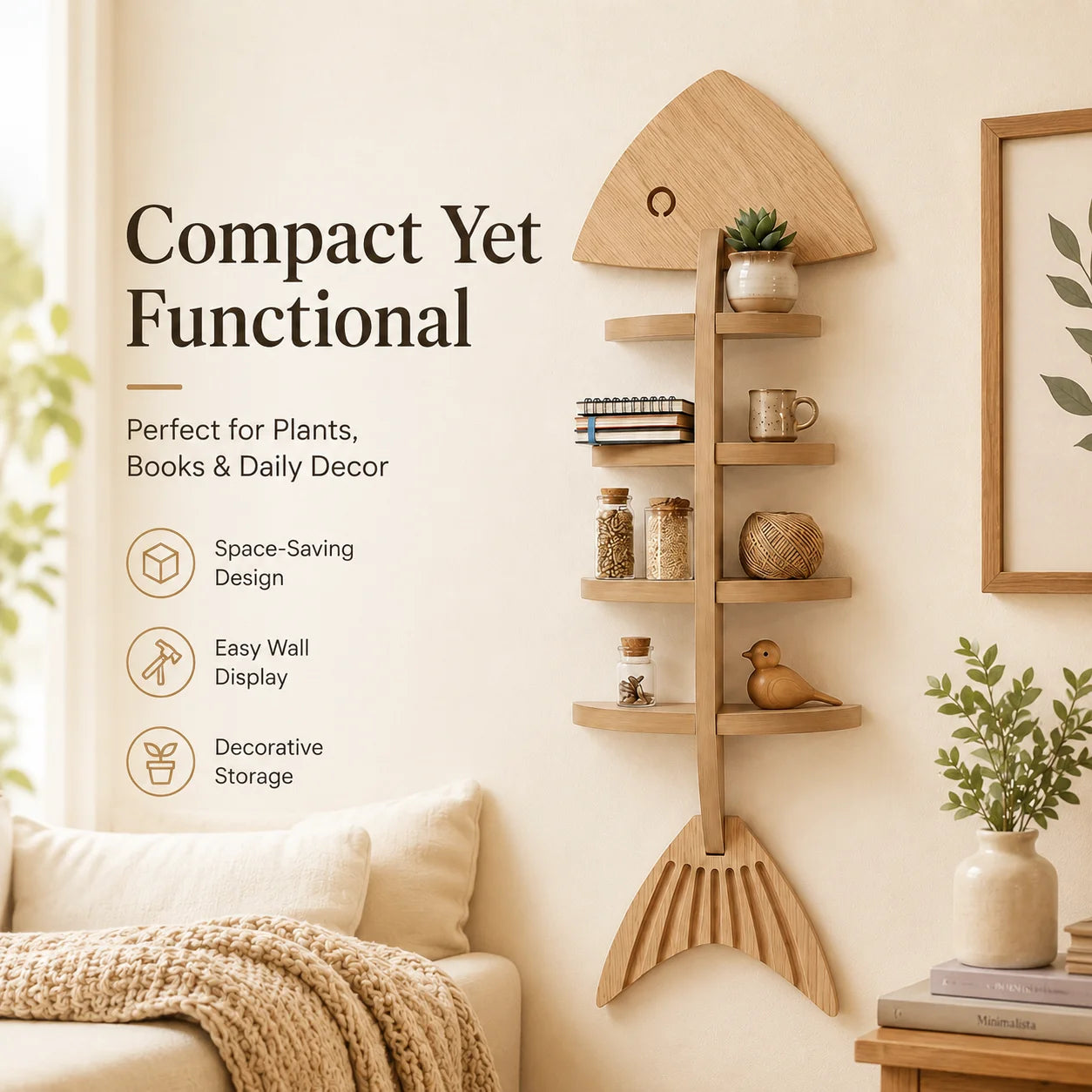 Floating Wooden Fish Skeleton Wall Shelf For Home Decor Display