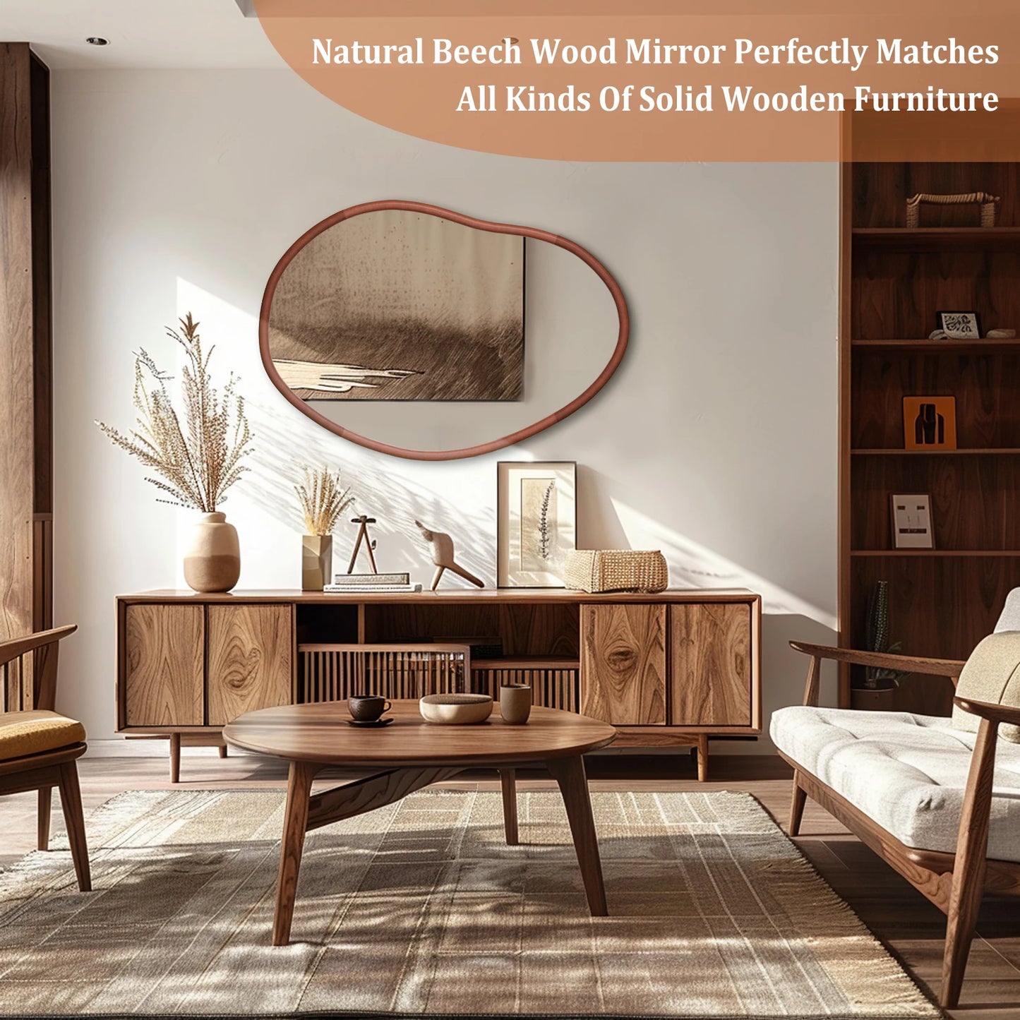 Mid Century Asymmetrical Wood Frame Wall Mirror Home Decor