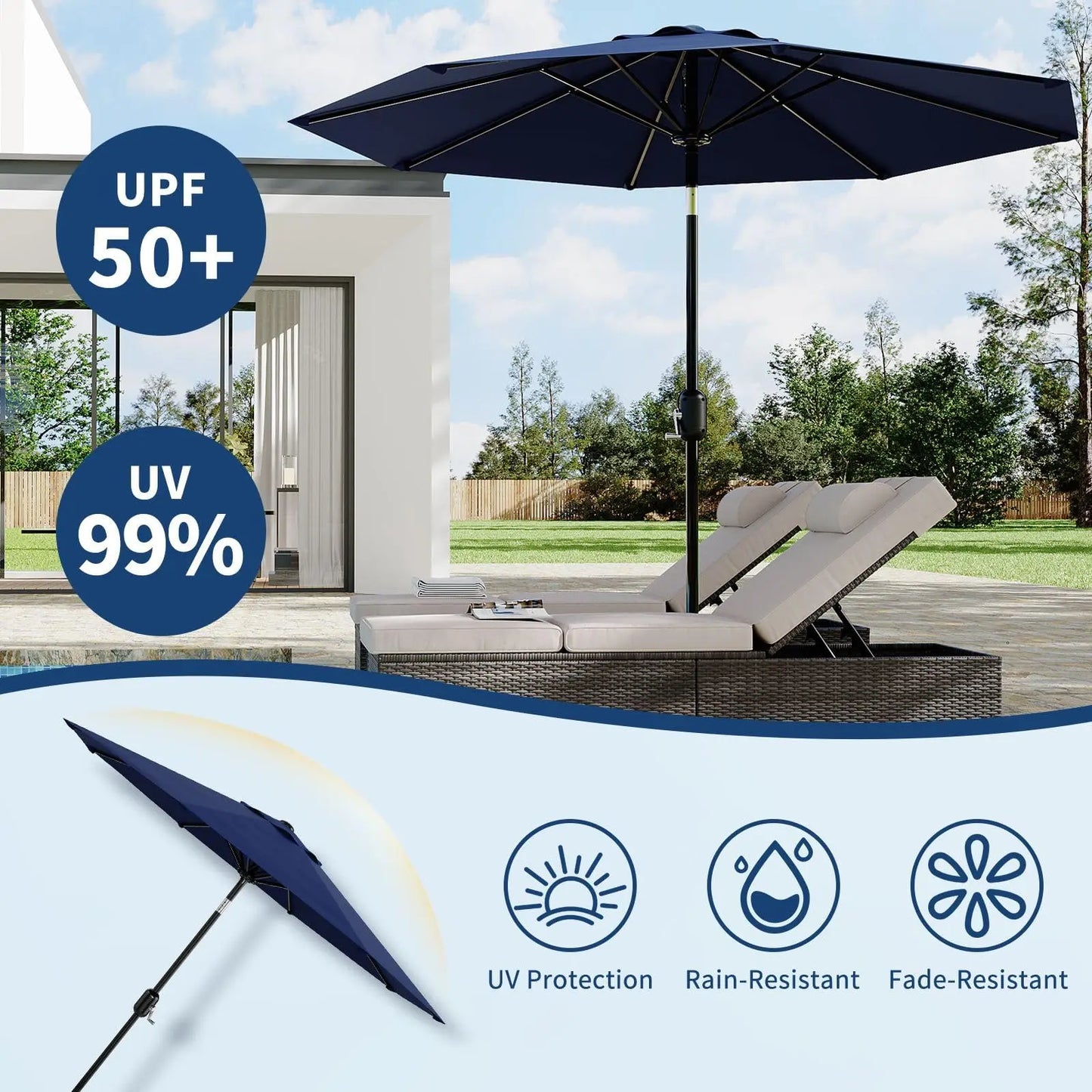 Metal Patio Umbrella Featuring Crank Lift and Push Button Tilt