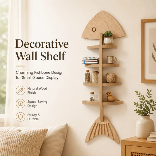 Floating Wooden Fish Skeleton Wall Shelf For Home Decor Display