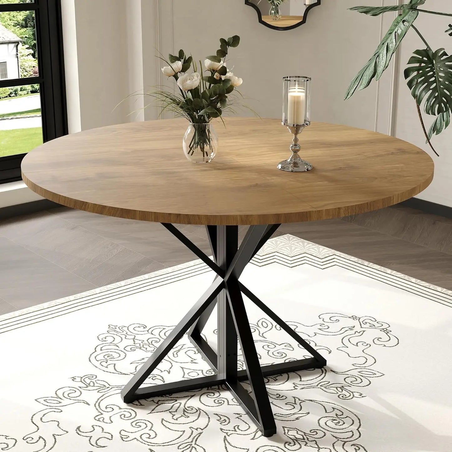 Twister.Ck Round Dining Table Featuring Wood Top And Metal Pedestal