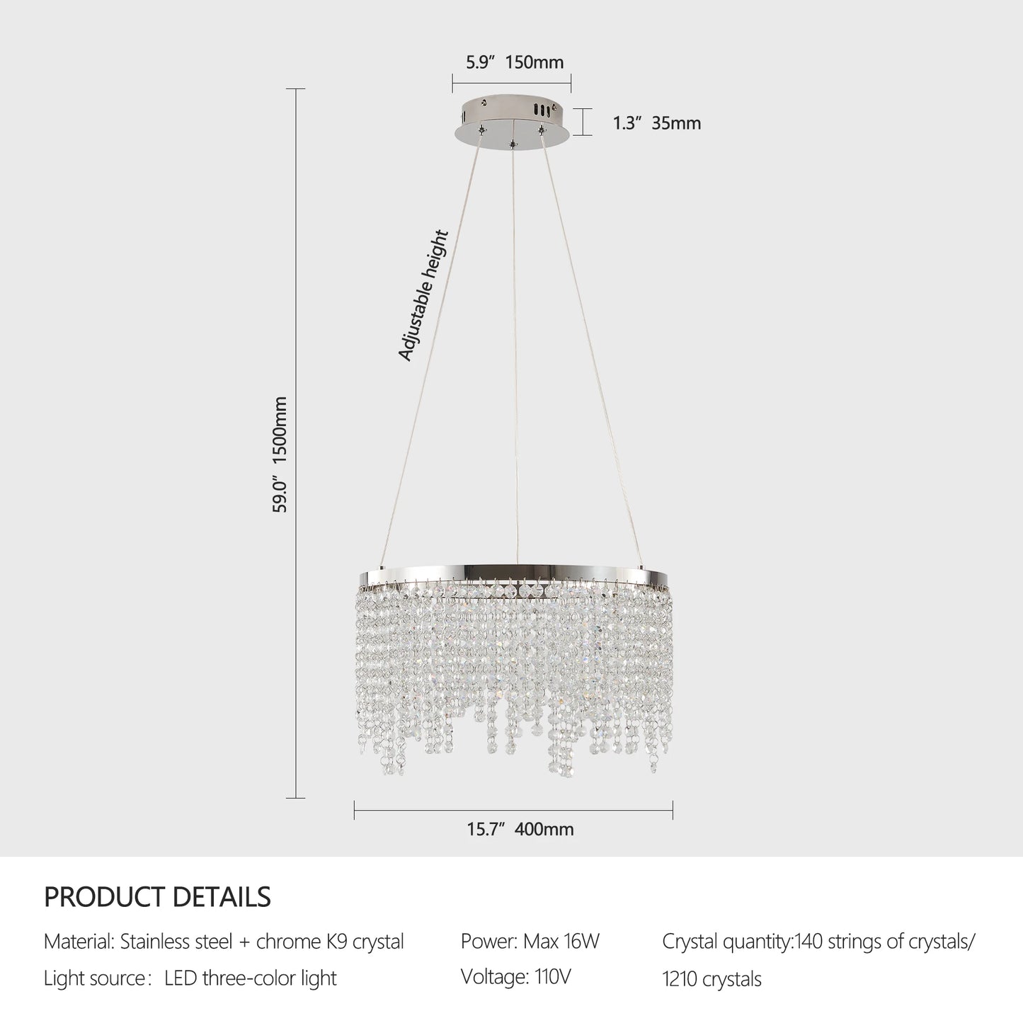 ZHIKEA Modern Luxury Crystal LED Chandelier with Adjustable Height