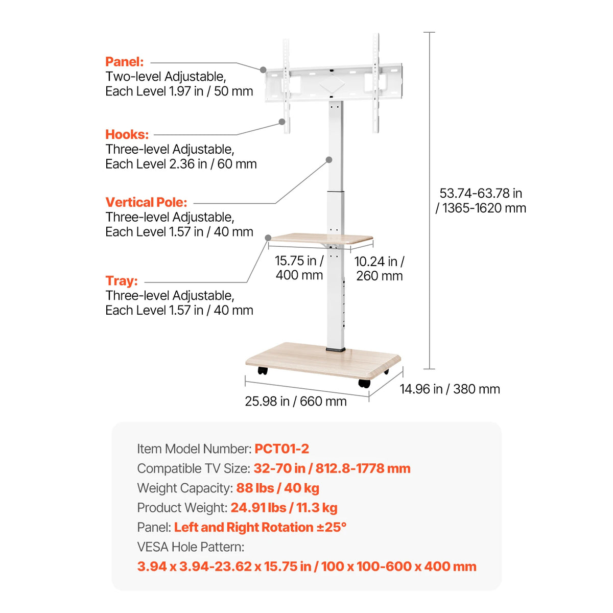 Succebuy Height Adjustable Rolling TV Stand With Tray