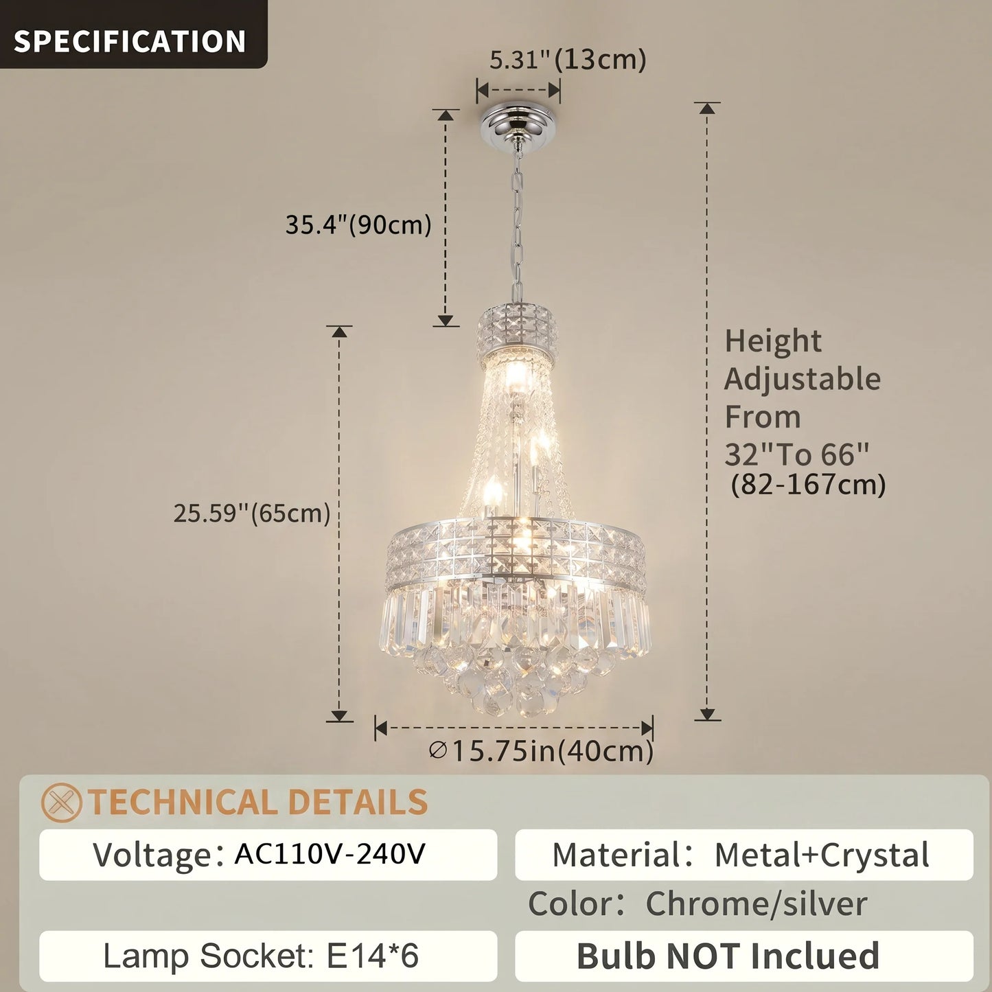Round Dimmable Crystal Chandelier With Iron Body And E14 Base